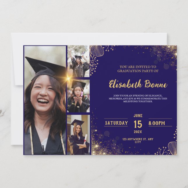 Einladung zur eleganten Gold & Navy Graduation Par (Vorderseite)