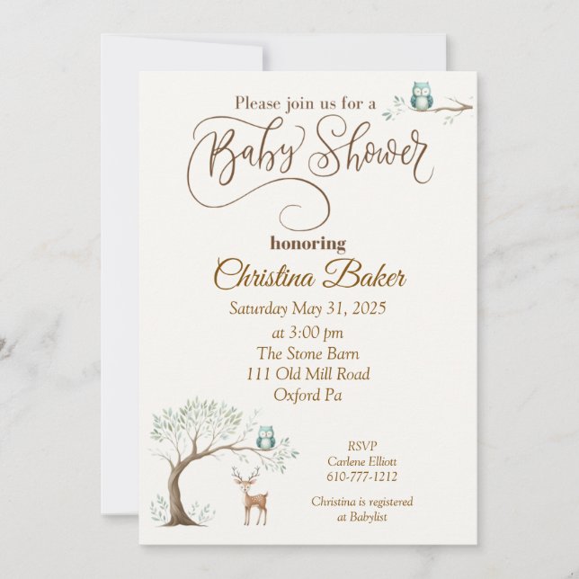 Einladung zur Eule- und RehBaby-Dusche (Vorderseite)