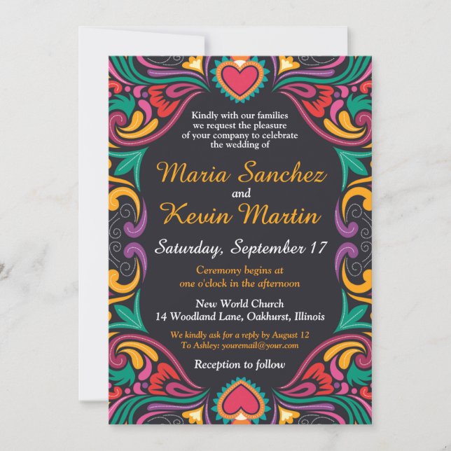 Einladung zur farbenfrohen spanischen Grenzhochzei (Vorderseite)