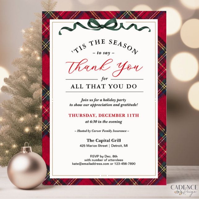 Einladung zur Feiertagsparty - Danke Rot (Company Holiday Party invitation with classic red plaid and a thank you message to show gratitude)