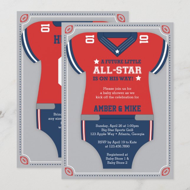 Einladung zur Football Baby Dusche, blau, rot, gra (Vorne/Hinten)