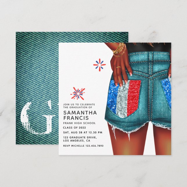 Einladung zur Französisch-Denim-Girl-Graduierungsp (Vorne/Hinten)