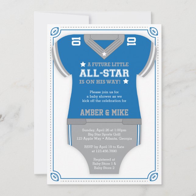 Einladung zur Fußball-Baby-Dusche, blau, grau (Vorderseite)