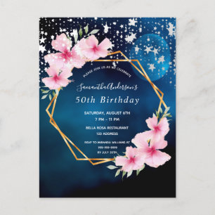 Einladung zur Geburtstagsparty Blue Pink Flora Postkarte