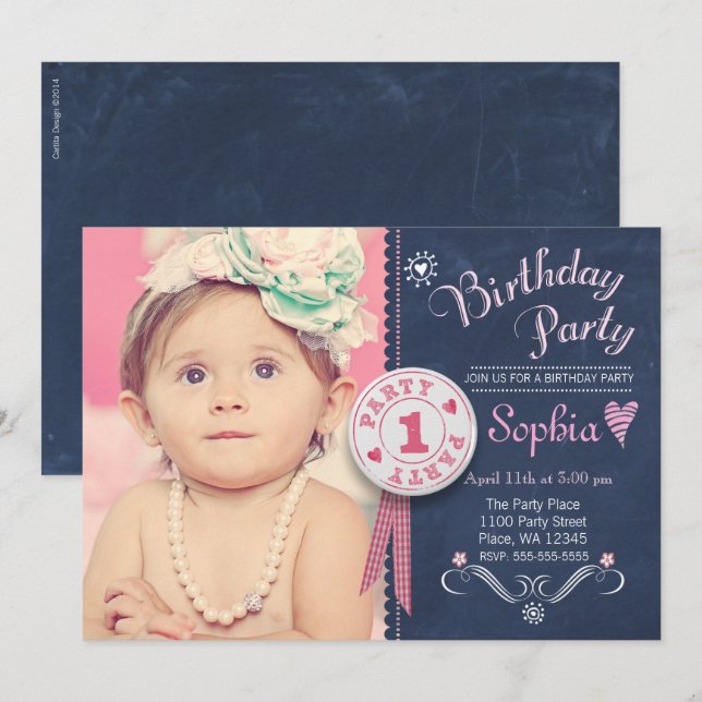 Einladung zur Geburtstagsparty Girl Chalkboard (Vorne/Hinten)