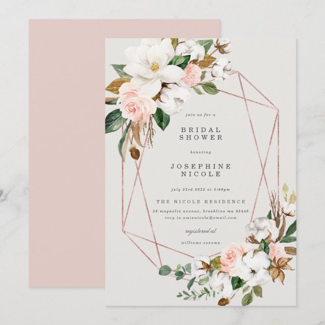 Einladung zur geometrischen Magnolia Bridal Dusche (Vorne/Hinten)