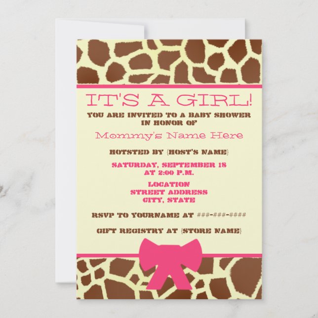 Einladung zur Girl Baby Dusche - Giraffe Print & P (Vorderseite)