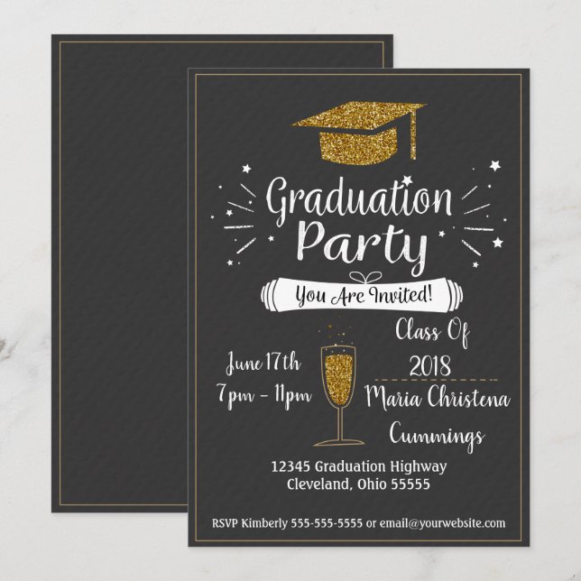 Einladung zur Glittery Chalkboard Graduation Party (Vorne/Hinten)