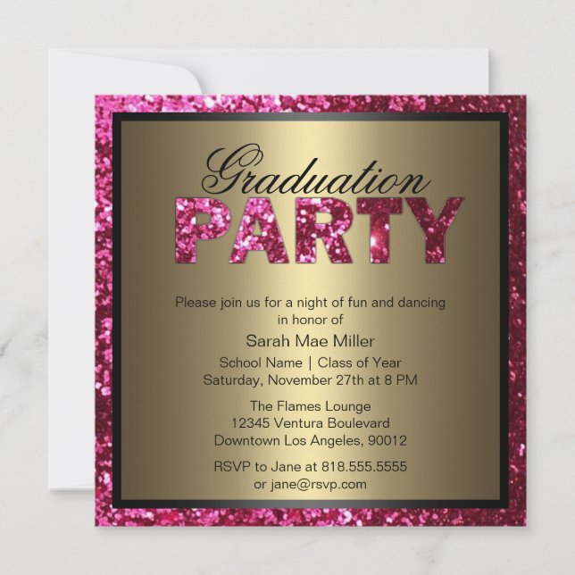 Einladung zur Glitzer-Graduiertenparty in Hot Pink (Vorderseite)