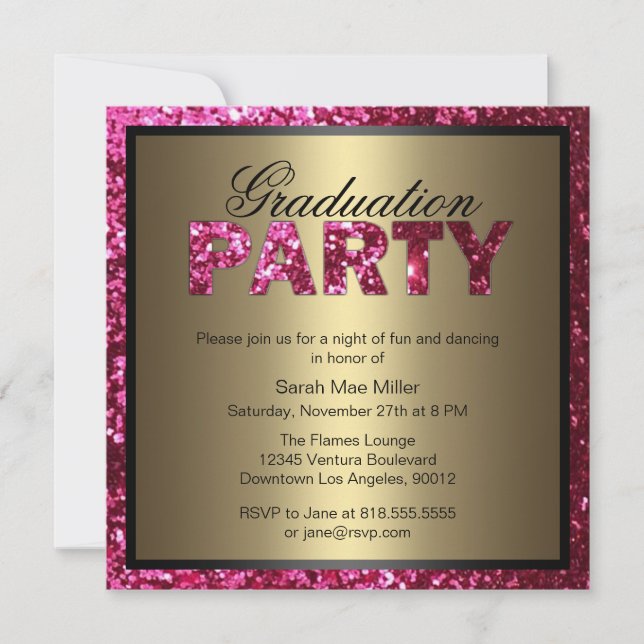 Einladung zur Glitzer-Graduiertenparty in Hot Pink (Vorderseite)