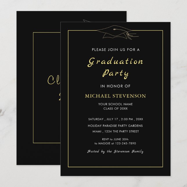 Einladung zur Gold Black Elegant Graduation Party (Vorne/Hinten)
