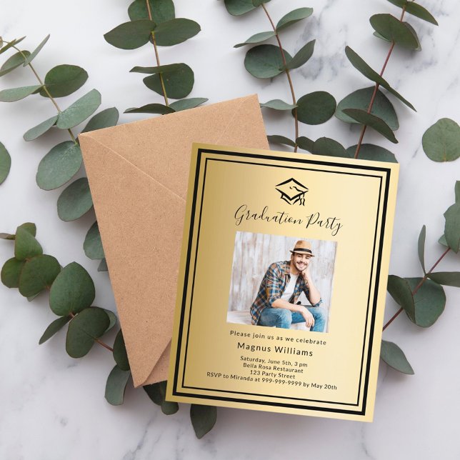 Einladung zur Gold Black Foto Cap Graduation Party (Von Creator hochgeladen)