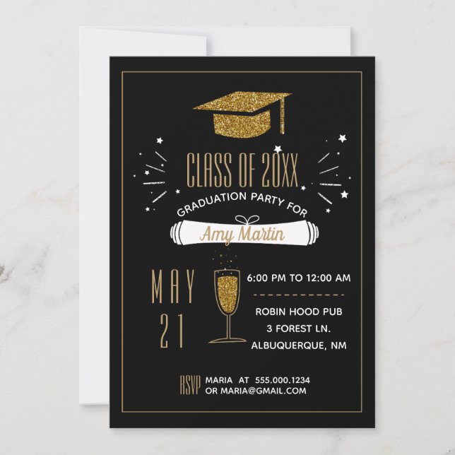 Einladung zur Gold Glitzer Graduation Party (Vorderseite)