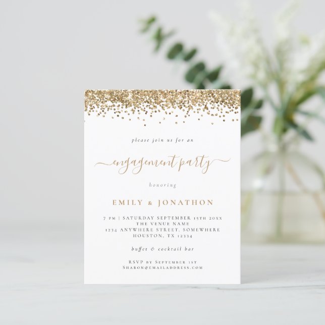 Einladung zur Gold Glitzer Script Engagement Party (Stehend Vorderseite)