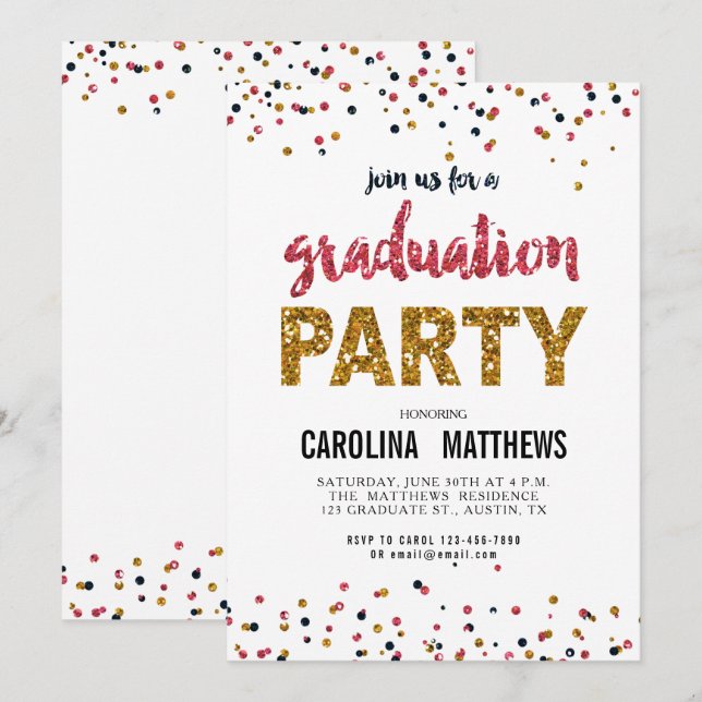 Einladung zur Goldenen Pink Confetti Graduation Pa (Vorne/Hinten)