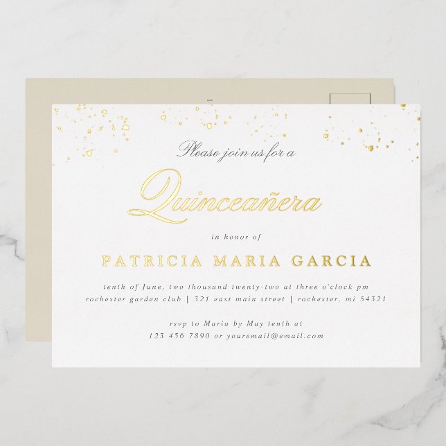 Einladung zur Goldfolie aus Quinceanera (Vorderseite/Rückseite)