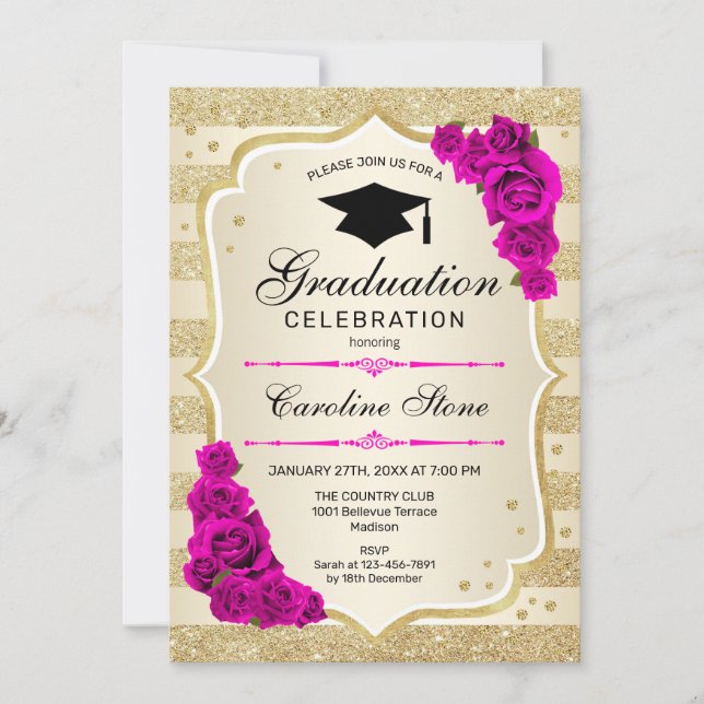 Einladung zur Graduiertenparty - Gold Hot Pink (Vorderseite)