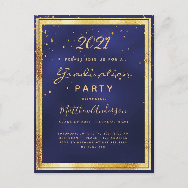 Einladung zur Graduierungsparty mit blauem Gold Postkarte (Vorderseite)