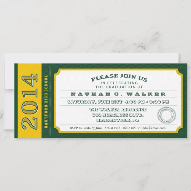 Einladung zur Green & Gold Ticket Graduation Party (Vorderseite)