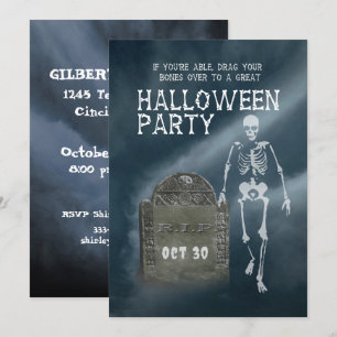 Einladung zur Halloween-Party Skelett und Grabstei