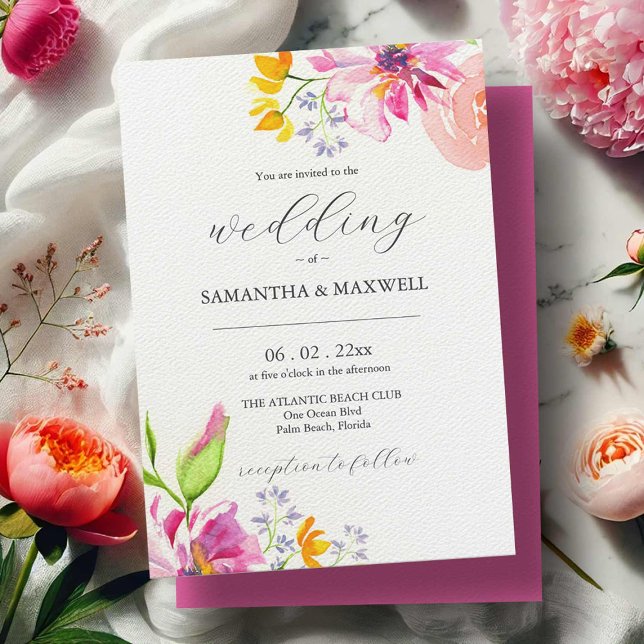 Einladung zur Hochzeit (Bold wedding invitations watercolor pink and orange flowers by Victoria Grigaliunas DoTellABelle)