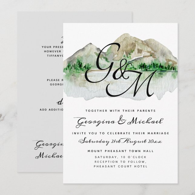 Einladung zur Hochzeit am Mountain Lake Monogram (Vorne/Hinten)