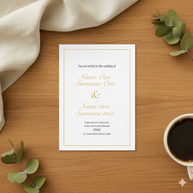 Einladung zur Hochzeit an der Goldgrenze (Gold border wedding invitation with elegant script.)