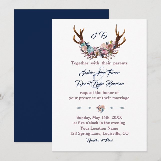 Einladung zur Hochzeit | Antlers Dusty Blue Pink F (Vorne/Hinten)