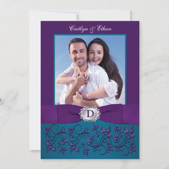 Einladung zur Hochzeit | Aquamarin, Lila, floral | (Vorderseite)