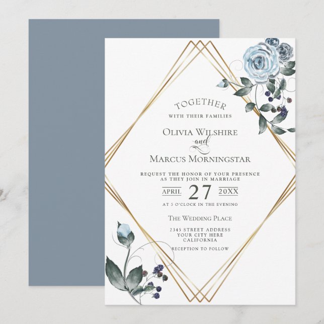 Einladung zur Hochzeit | Aquarellfarben, blau, flo (Vorne/Hinten)