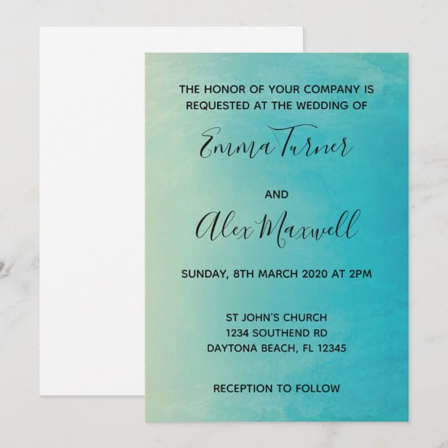 Einladung zur Hochzeit | Blue Watercolor Script (Vorne/Hinten)