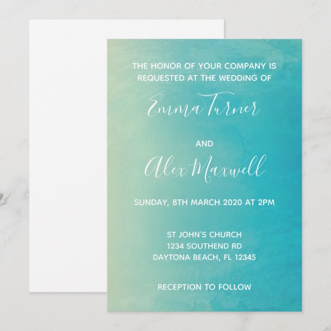 Einladung zur Hochzeit | Blue Watercolor Script (Vorne/Hinten)
