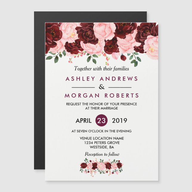 Einladung zur Hochzeit: Blush Pink Burgundy Floral (Vorne/Hinten)
