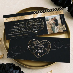 Einladung zur Hochzeit: Boarding Pass Black Gold S