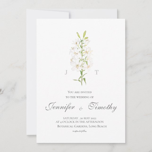 Einladung zur Hochzeit Botanische weiße Lilie (Vorderseite)