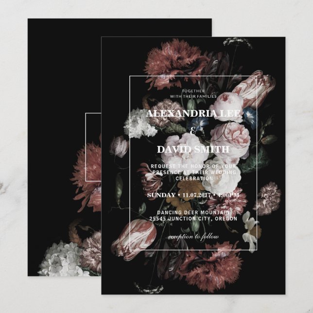 Einladung zur Hochzeit Dark Black Moody Floral (Vorne/Hinten)