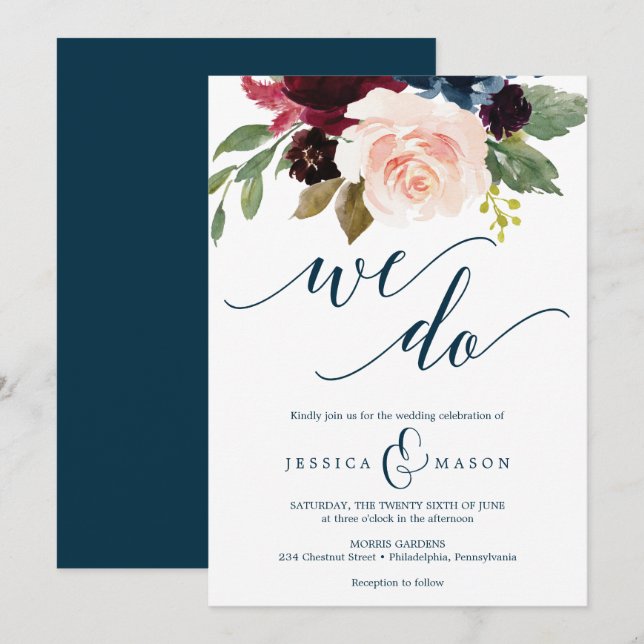 Einladung zur Hochzeit der Burgund Navy (Vorne/Hinten)