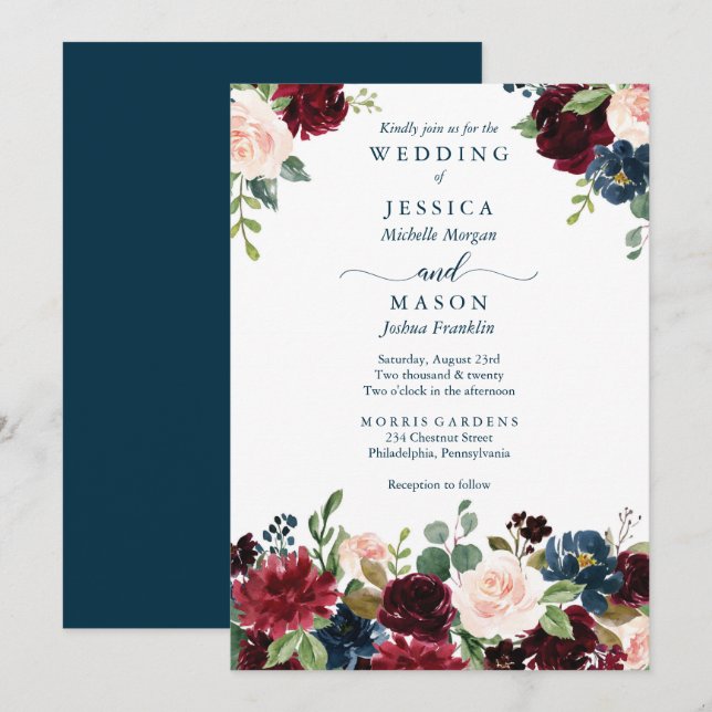 Einladung zur Hochzeit der Rustikal-Burgundy-Marin (Vorne/Hinten)