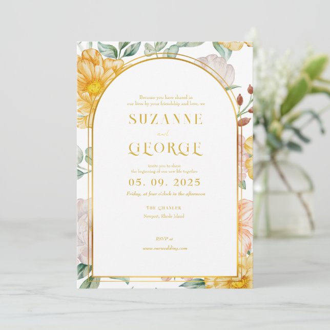 Einladung zur Hochzeit der White Yellow Blume Arch (Stehend Vorderseite)