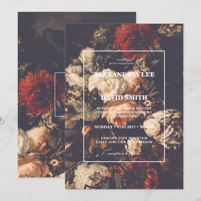 Einladung zur Hochzeit Dunkle Moody Herbst Floral  (Vorne/Hinten)