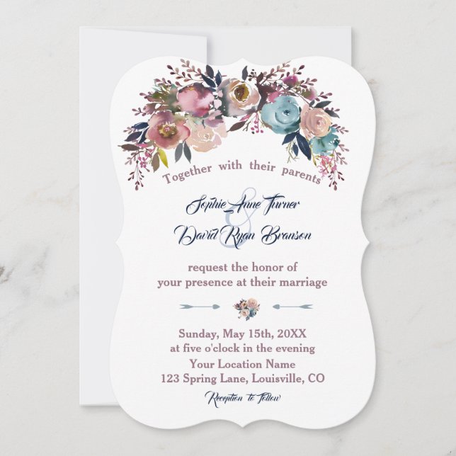 Einladung zur Hochzeit | Dusty Blue Pink Floral Bo (Vorderseite)