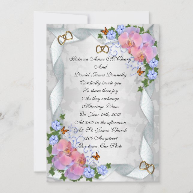 Einladung zur Hochzeit elegante Orchideen und Bänd (Vorderseite)