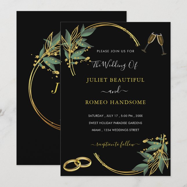 Einladung zur Hochzeit - Elegantes Schwarzes Gold  (Vorne/Hinten)