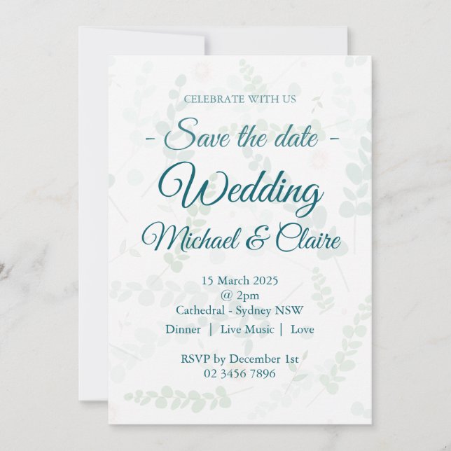 Einladung zur Hochzeit Eukalyptus Floral mit UAWG (Vorderseite)