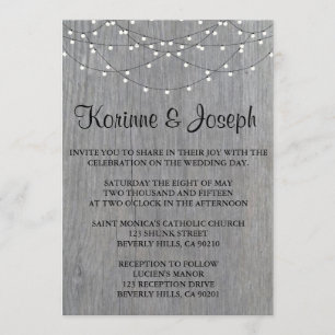 Einladung zur Hochzeit Grau, Holz, String Light