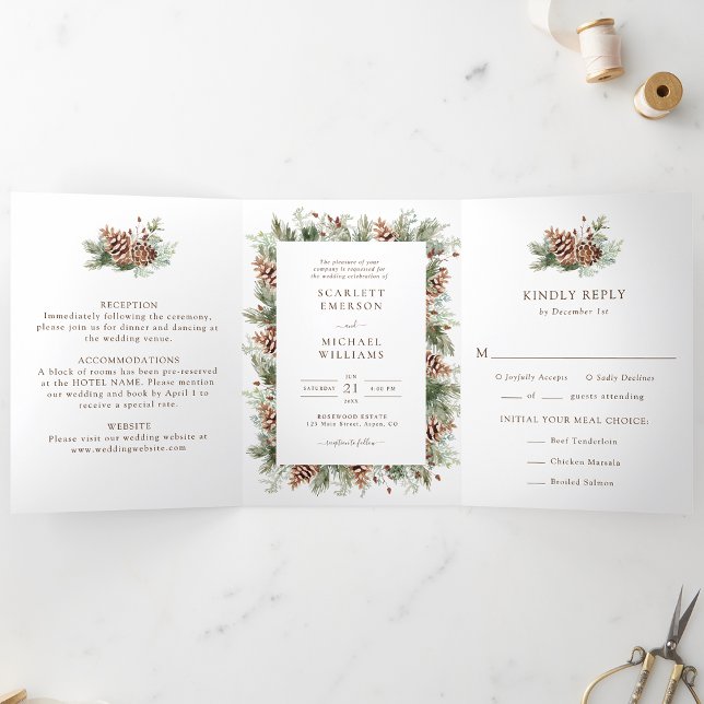 Einladung zur Hochzeit im Winter (White Winter Pinecone Trifold Wedding Invitation Photo Card by Painted Paperie
)