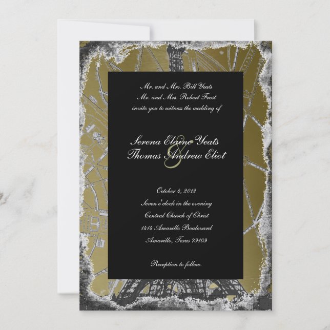 Einladung zur Hochzeit in Black and Gold Paris (Vorderseite)