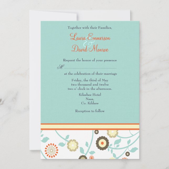 Einladung zur Hochzeit in Blau und Orange (Vorderseite)