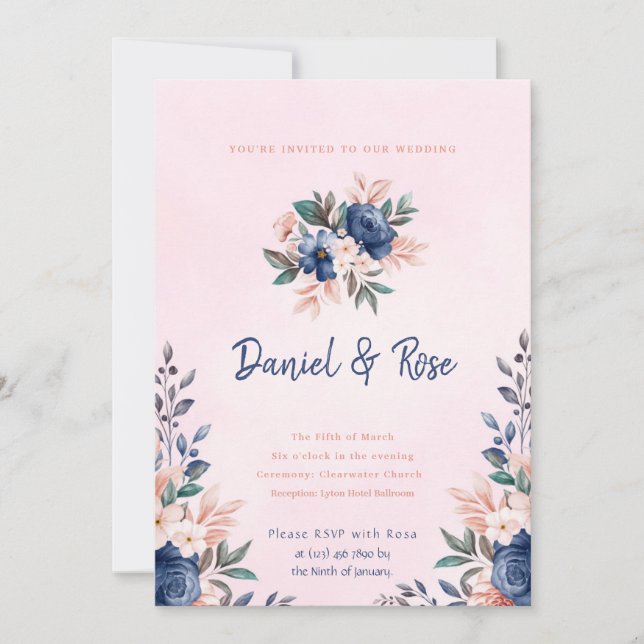 Einladung zur Hochzeit in Blau und Rosa (Vorderseite)