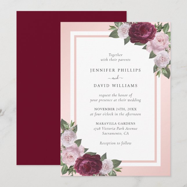 Einladung zur Hochzeit in Burgund Blush Pink (Vorne/Hinten)